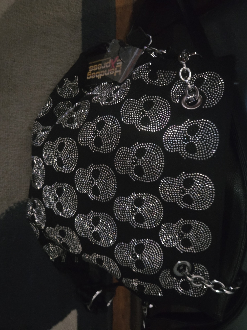Black Shoulder Bag with Silver Crystal Skull Design